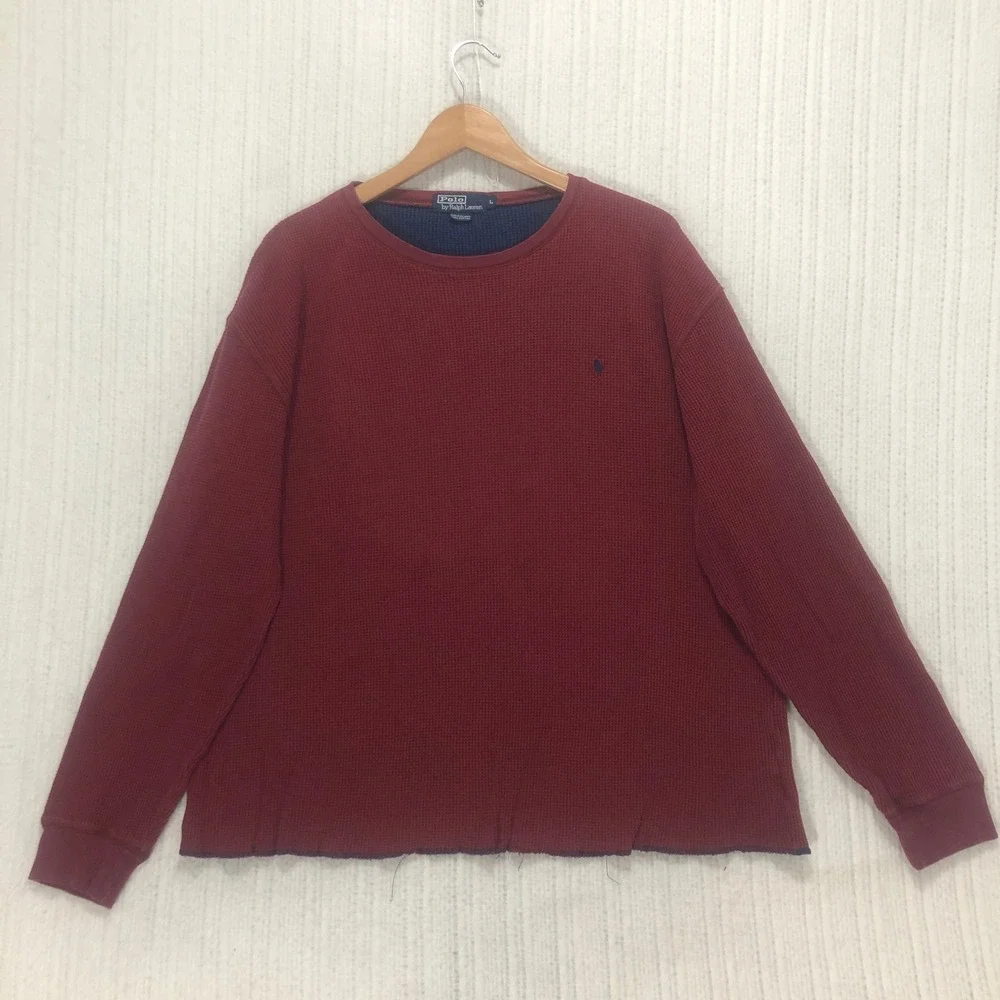 Polo Ralph Lauren Mens Large Burgundy Waffle Knit Thermal Long Sleeve Shirt L